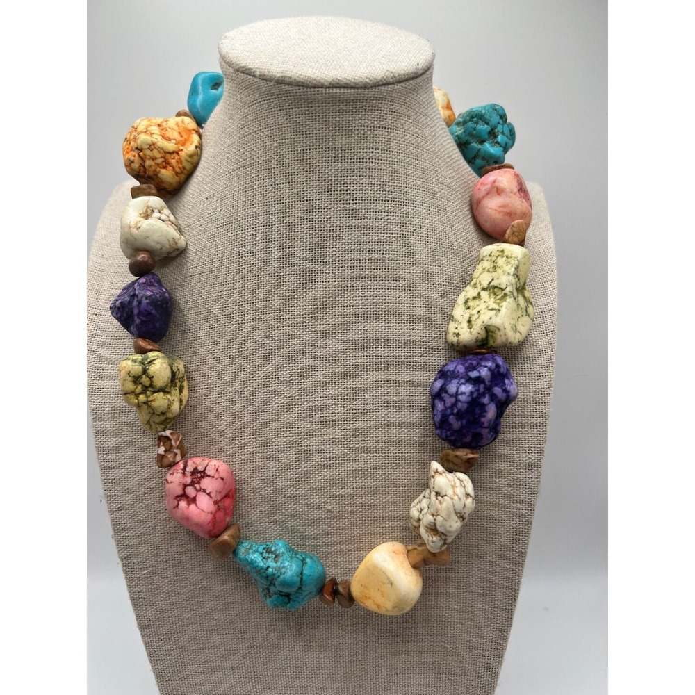 Chunky Howlite Jasper Nugget Necklace Boho Statement Multicolor Stone